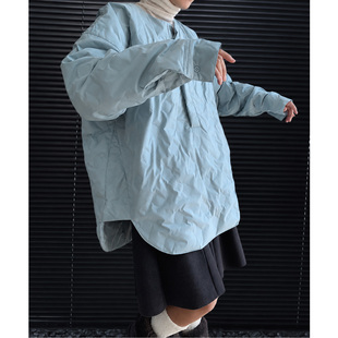 灰蓝色孙千同款压纹圆领衬衫羽绒服冬季设计感廓形宽松显瘦外套女