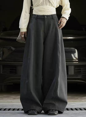 ManMans黑灰色阔腿弧形弯刀休闲裤春季新款日系垂感显瘦长裤女