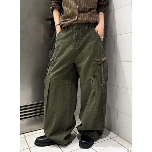 军绿口袋工装牛仔裤美式