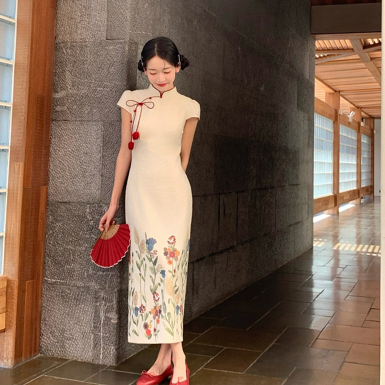 Thecoco 新中式印花棉麻旗袍女夏季气质修身显瘦 送郁金香红头绳