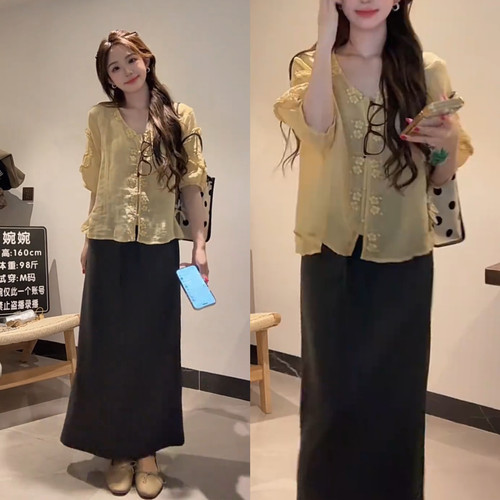 【全额运补】100% 苎麻V领碎花刺绣木耳边泡泡袖26夏季宽松遮肉小
