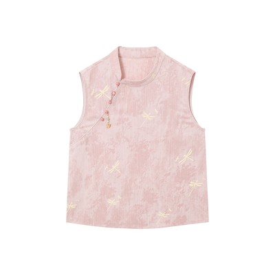 BeiBei【杏雨】新中式薄款粉色女衬衫圆领提花上衣A