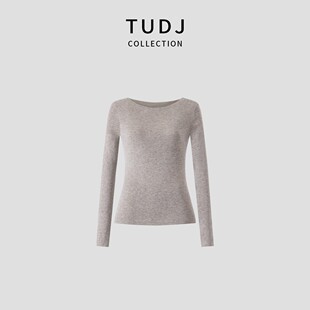 针织内搭修身 长袖 琥珀系一字领打底衫 显瘦斜肩气质上衣 TUDJ