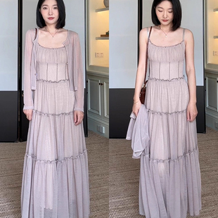 两件 高级感气质裙子套装 女大码 微胖mm显瘦遮肉长款 吊带连衣裙开衫