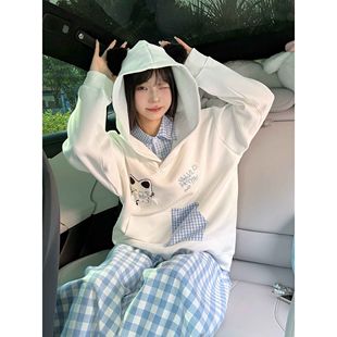 美式 慵懒风宽松 甜美猫咪刺绣连帽假两件卫衣女春秋薄款 2025新款