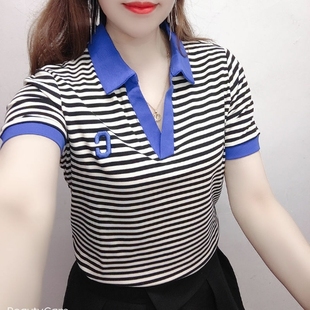 夏装大码条纹t恤女短袖2023新款宽松翻领上衣女装运动休闲polo衫