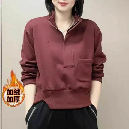 欧货高端2024秋季新款拉链立领加绒卫衣女小众设计感高级百搭上衣