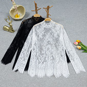 长袖 蕾丝打底衫 韩版 2026新款 春秋女士内搭镂空洋气网纱上衣 女春装