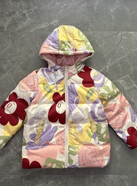 有吊牌 110-160中大童女冬款羽绒服大花洋气外出保暖连帽羽绒外套