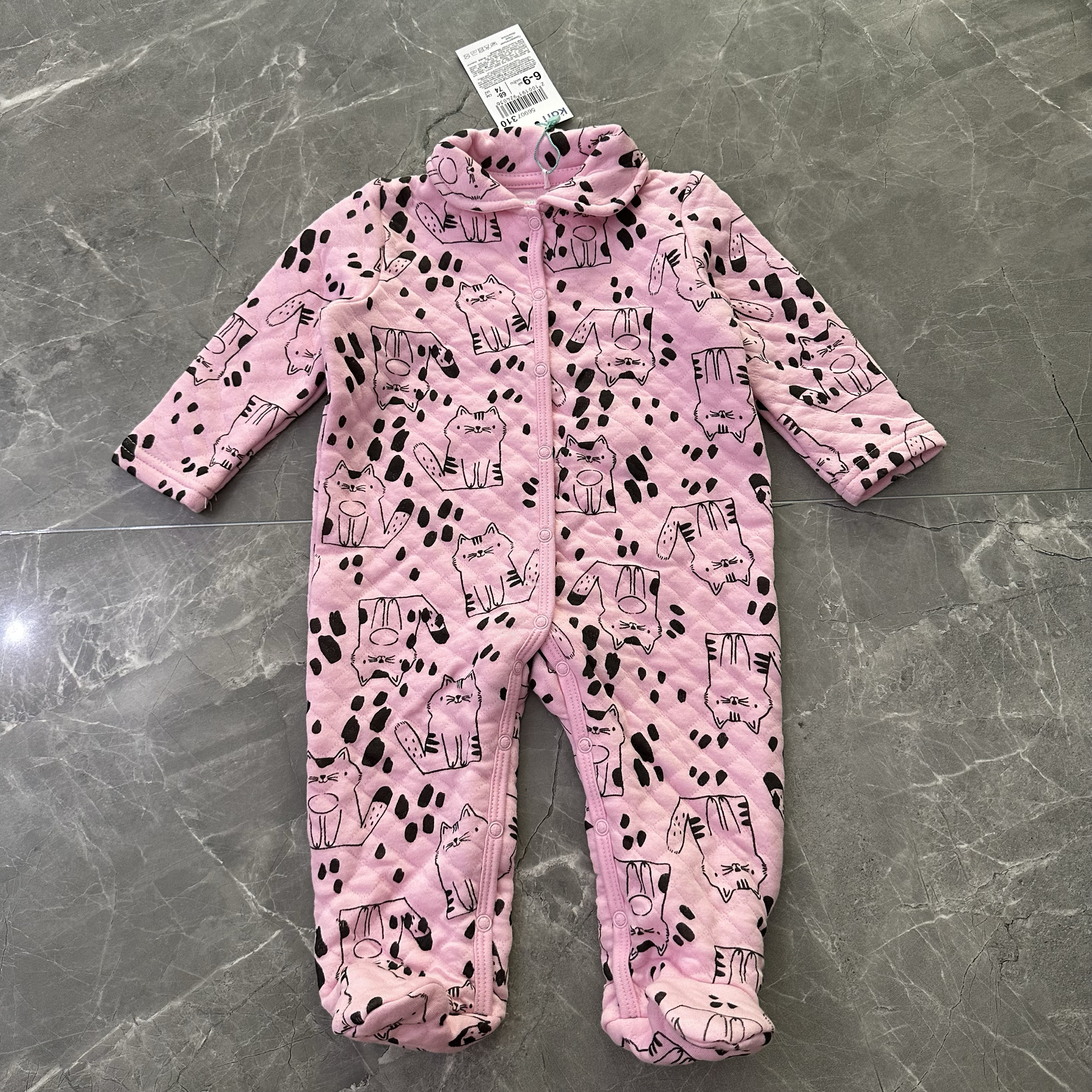 外贸元单女童春秋款连体衣爬服哈衣可爱卡通猫咪印花外出服空气棉