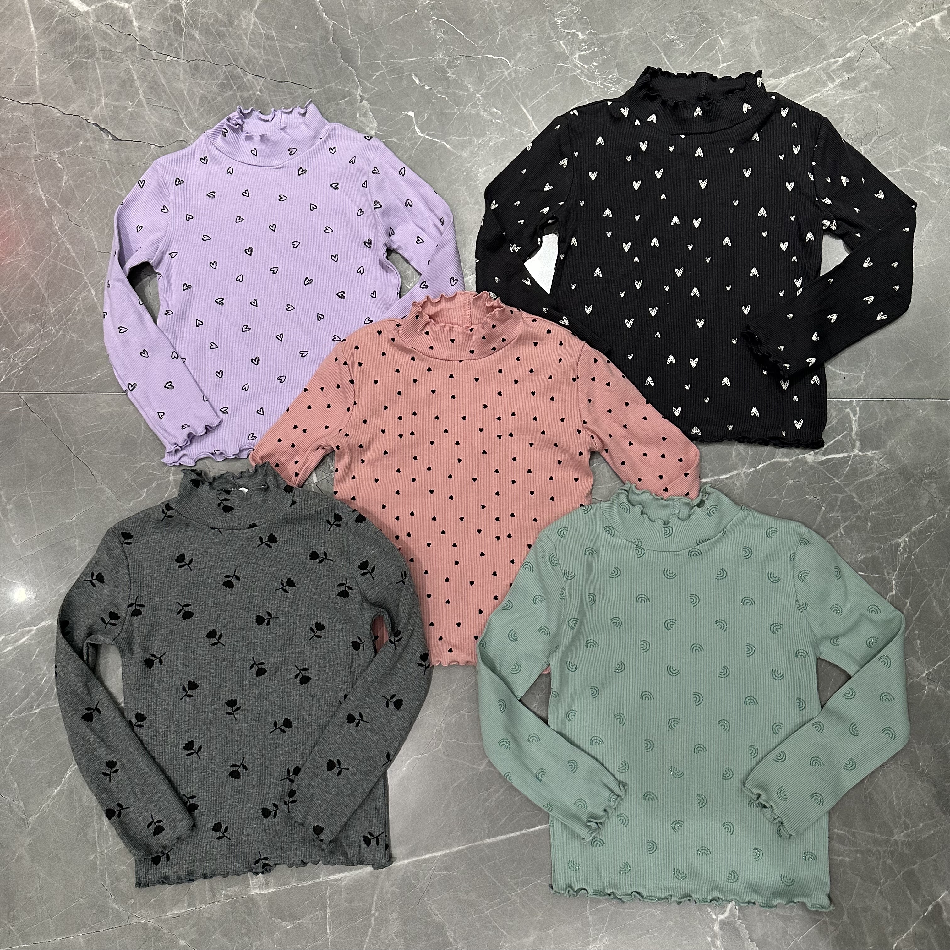 外贸欧美童装婴幼儿宝宝长袖T恤贴身打底爱心印花木耳边领口弹力