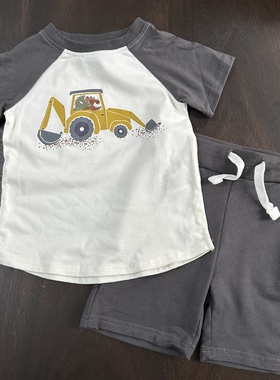 外贸元单男童短袖T恤宝宝夏装2026夏新款童装卡通挖掘机短袖套装