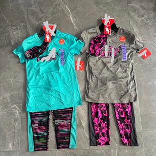 上衣六分裤 3件套短袖 子发带跑步服 16Y外贸儿童女童速干运动套装