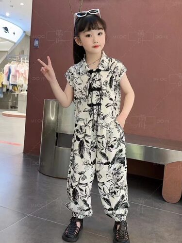 女童夏季休闲洋气复古盘扣两件套