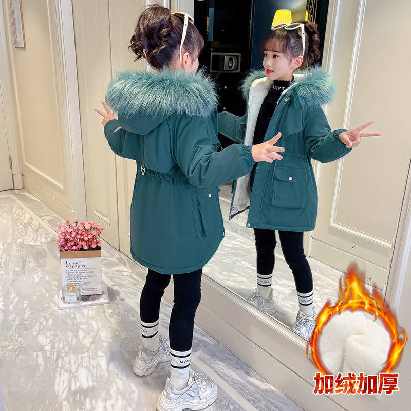 女童冬季加厚外套女孩新款连帽加绒派克服中大儿童休闲中长款棉衣