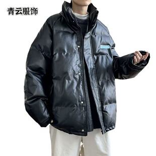 PU皮棉衣男冬季立领加厚宽松机车外套时尚都市棉服美式宽松羽绒服