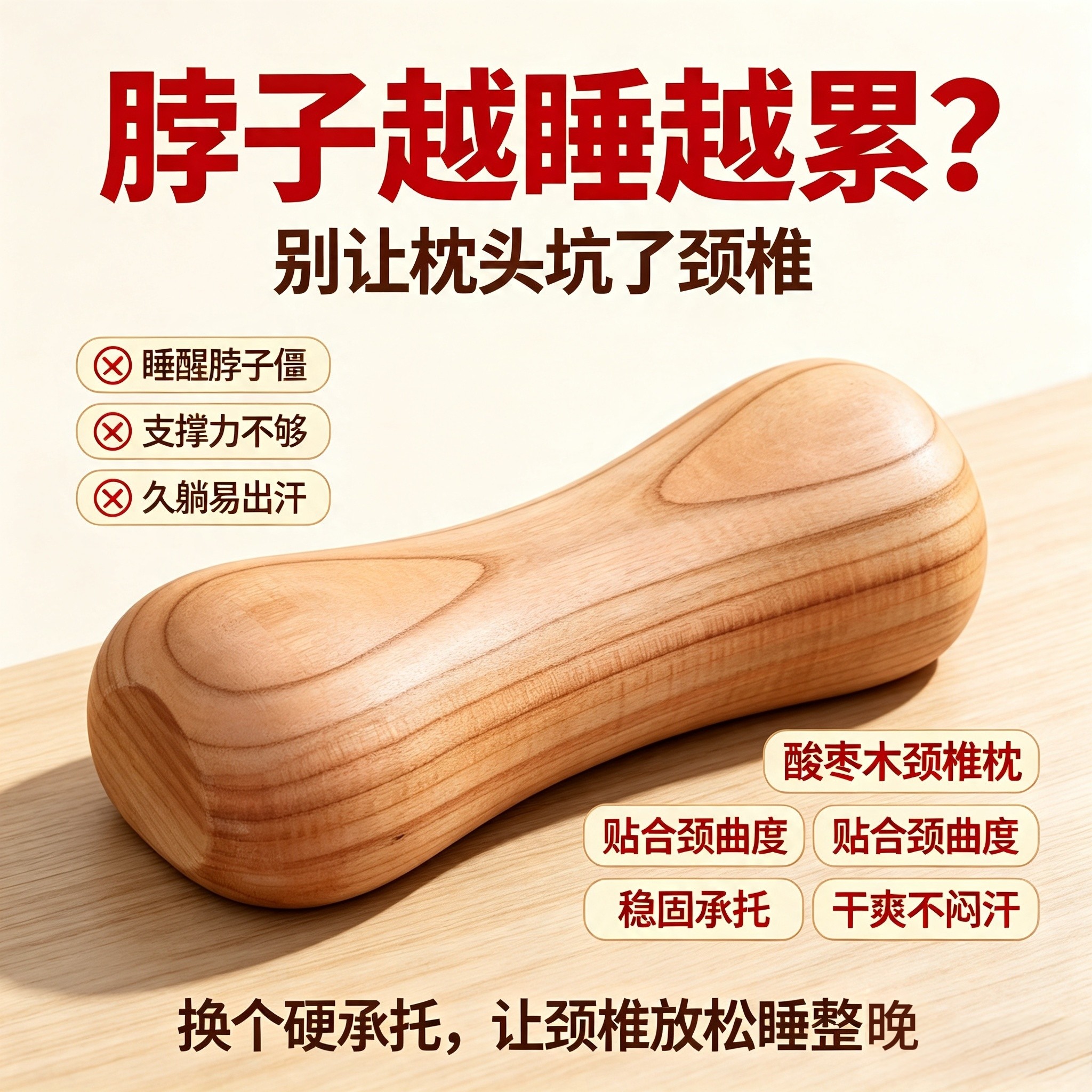 酸枣木颈椎枕人体工学护颈枕头支撑力稳固贴合颈椎助眠纯天然实木