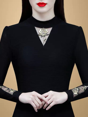 半高领蕾丝打底衫女长袖上衣2024新款秋冬季百搭加绒加厚内搭小衫