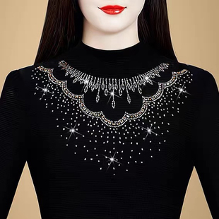 2025新款加绒加厚打底衫秋冬半高领烫钻气质保暖内搭修身显瘦上衣