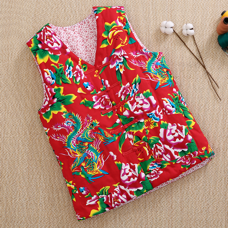 纯棉棉花马甲背心开衫民族V领厚