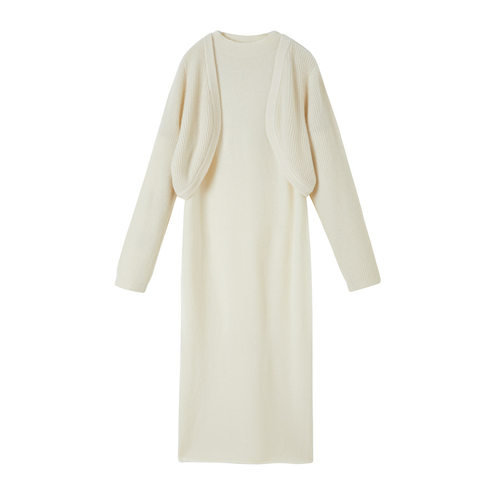 秋冬女100%羊毛半高领连衣裙马甲套装OL中长款针织裙坎肩短外套