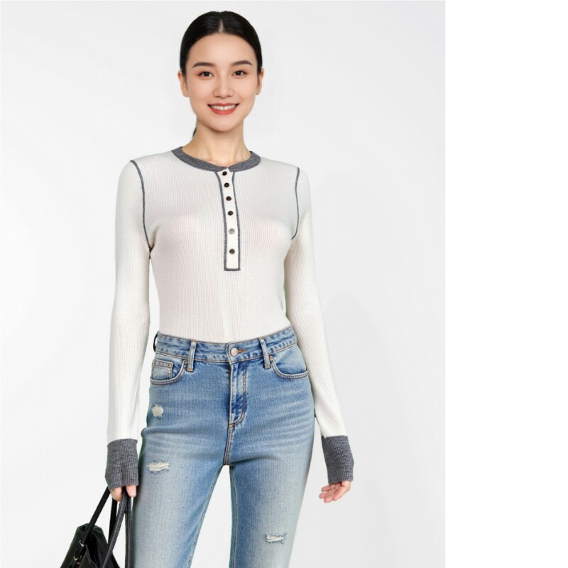 秋冬女长袖羊毛衫撞色针织毛衣OL时尚修身显瘦毛线衣复古打底毛衫