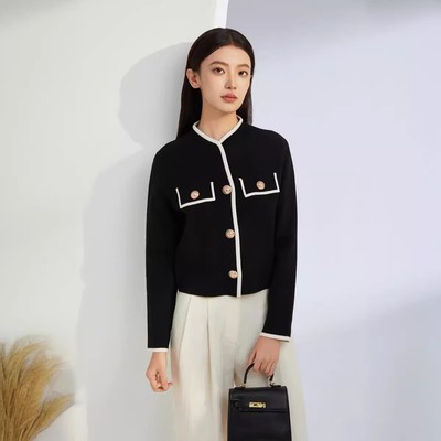 秋冬女长袖圆领开衫毛衣针织杉显瘦修身短款小香风毛线衣外套外穿