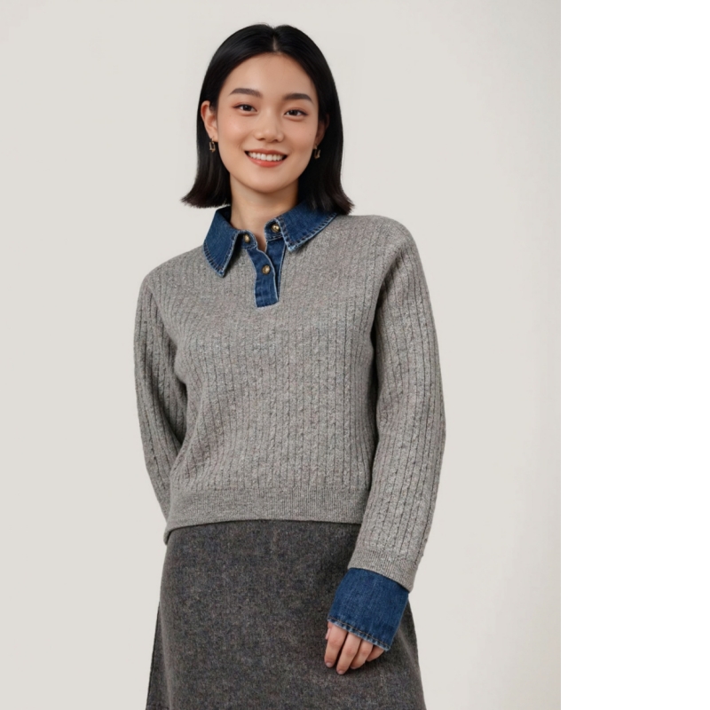 秋冬女牛仔拼接假两件毛衣100%羊毛衫文艺POLO领绞花针织衫潮上衣