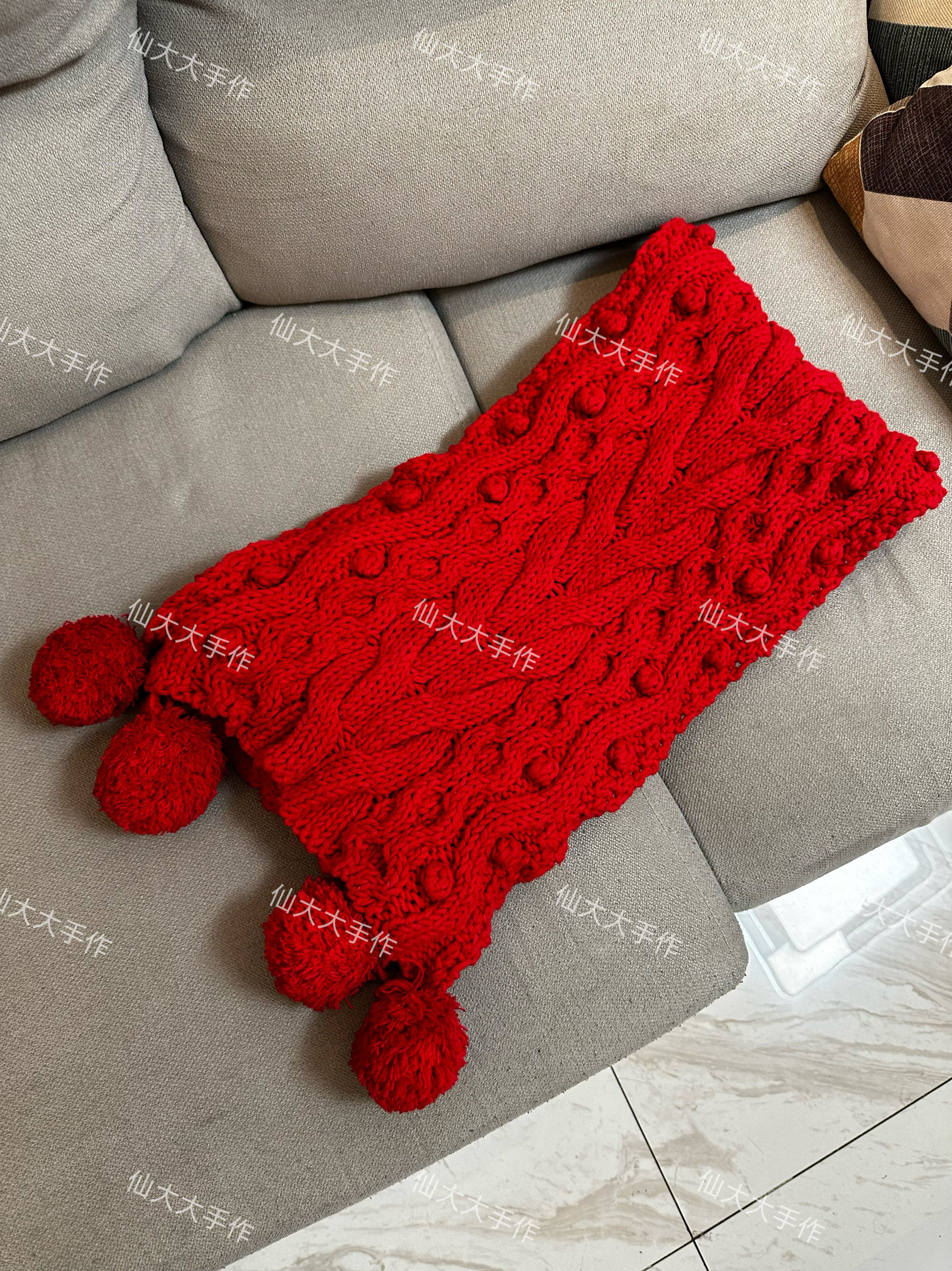 成品纯手工制作编织围巾粗毛线麻花围脖 新年喜庆大红中国红礼物