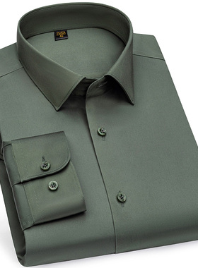 2025春秋新款高支棉免烫男士长袖衬衫军绿色商务休闲西装打底衫
