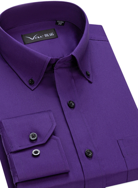 var高端全棉秋季新款男士纯色长袖衬衫商务正装紫色衬衣打底衫