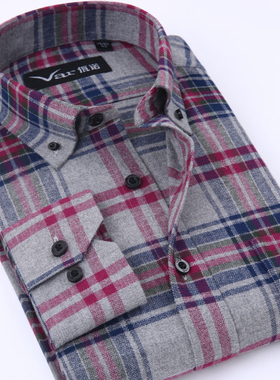 var2025新款纯棉法兰绒中年长袖衬衫男士磨毛格子式休闲佤诺春秋