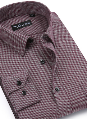 var高级感全棉磨毛法兰绒男士长袖衬衫酒红千鸟格商务休闲厚保暖