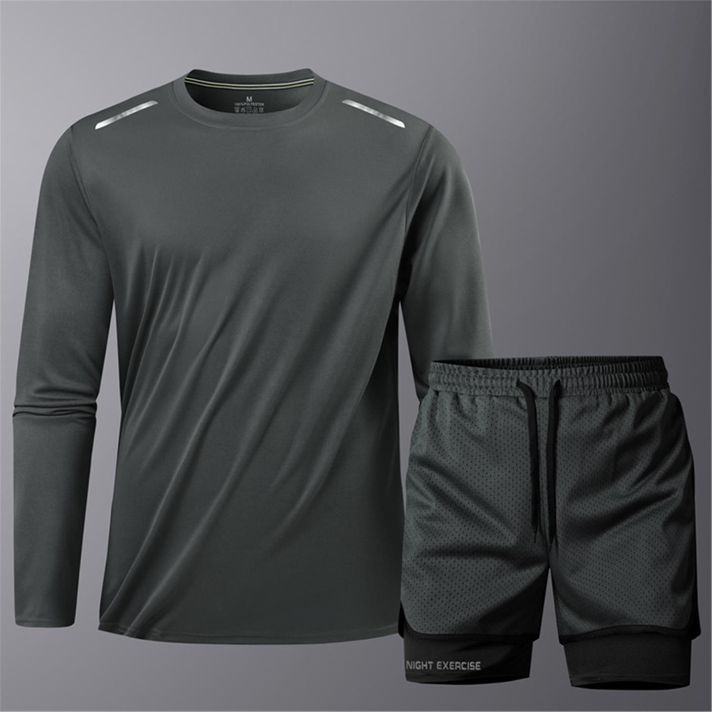 裴乐男士运动速干套装秋冬季跑步健身短裤休闲圆领长袖T恤上衣体