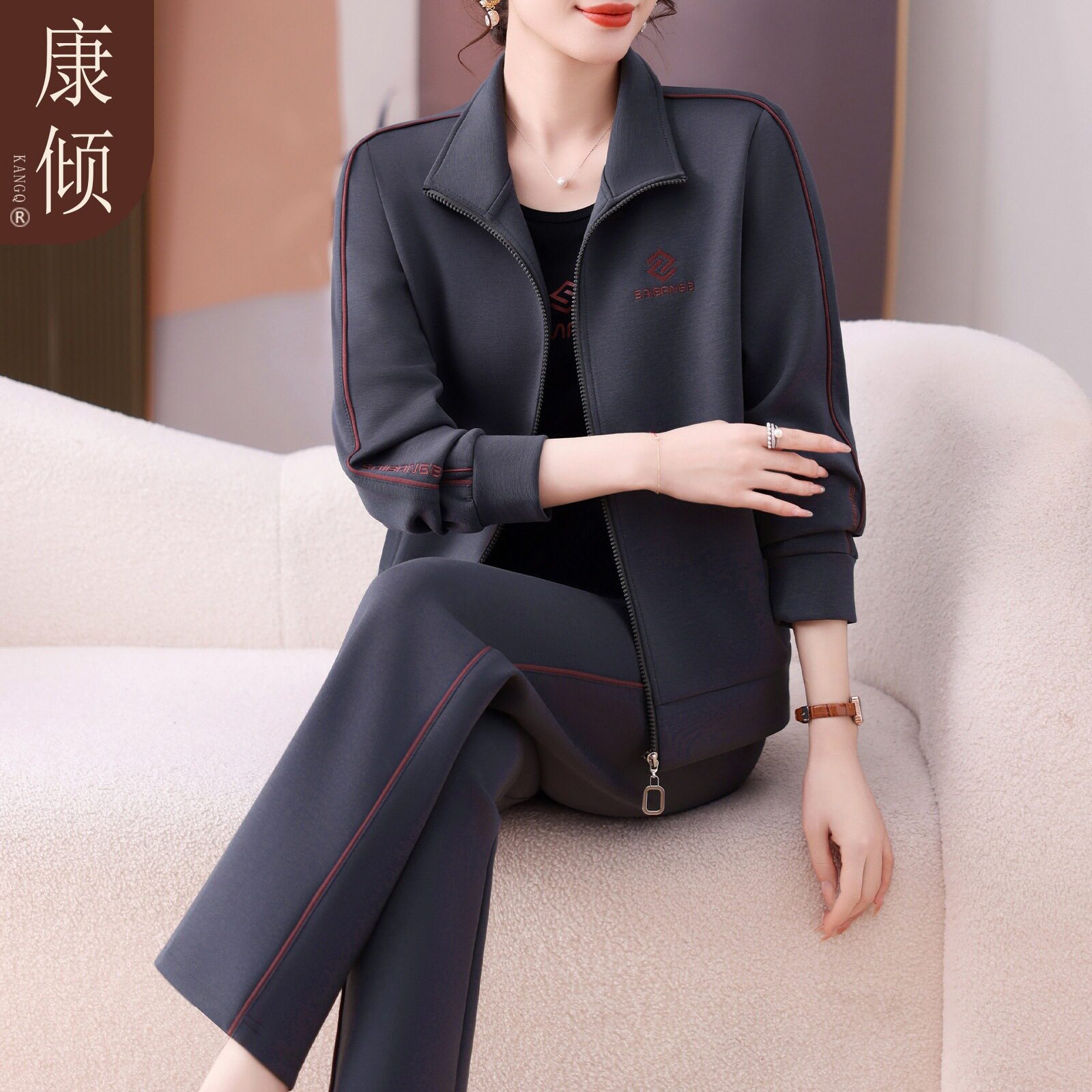 正品卡帕文中年妈妈春装外套休闲卫衣大码三件套中老年运动服套装