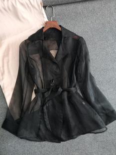 高端大牌春秋桑蠶絲中款 真絲歐根紗西服領防曬風衣 外套長袖