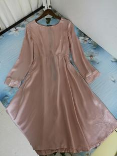 真丝素绉缎桑蚕丝新款女装圆领套头长袖修身纯色连衣裙大摆中长款