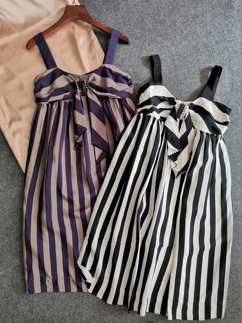 外单真丝夏季连衣裙海军条纹背心