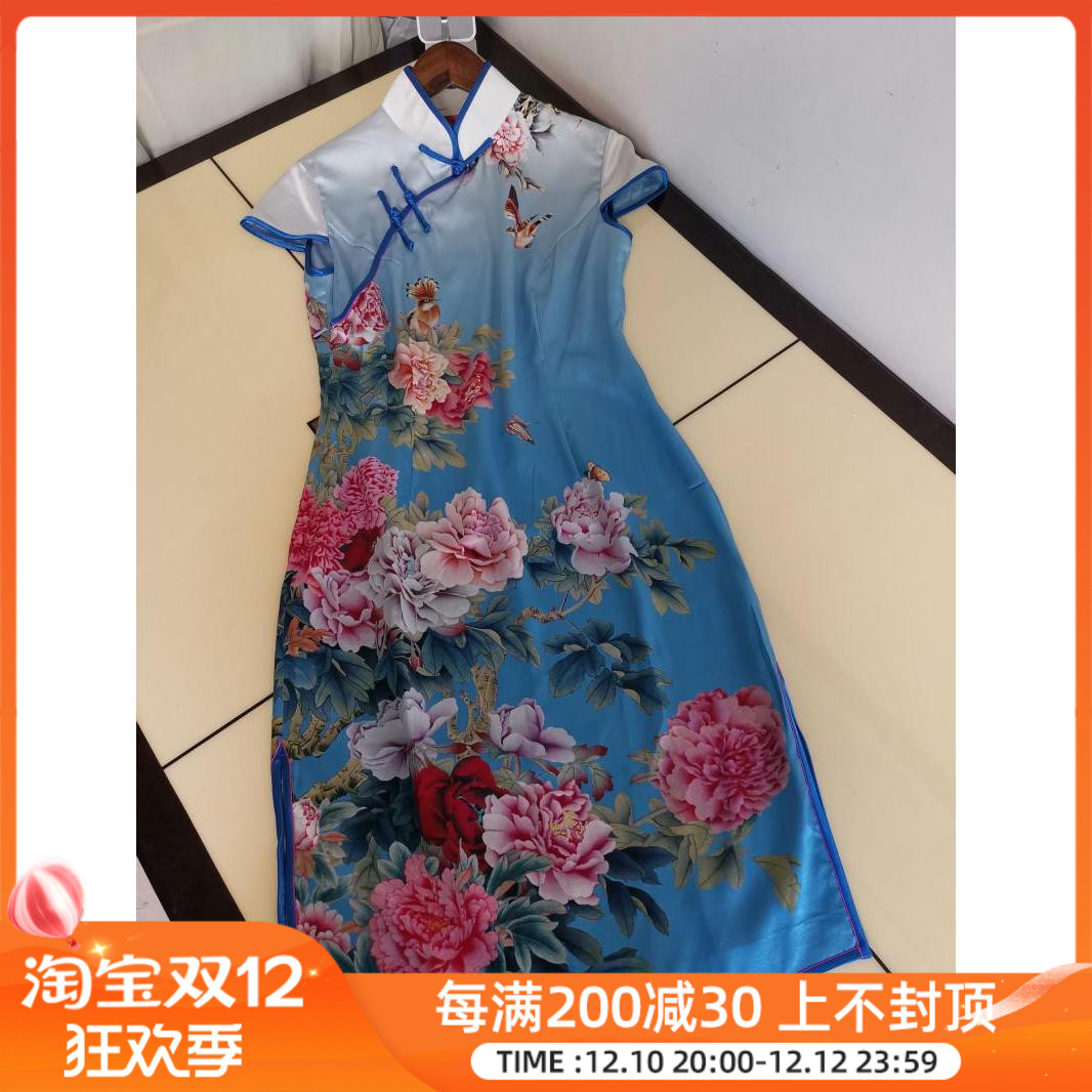 丝博精品里外真丝唐装修身民族风服装高档中式立领女装斜襟旗袍