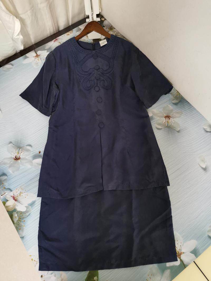 磨砂真丝复古风女装高端刺绣假两件修身短袖淑女女装连衣裙微瑕