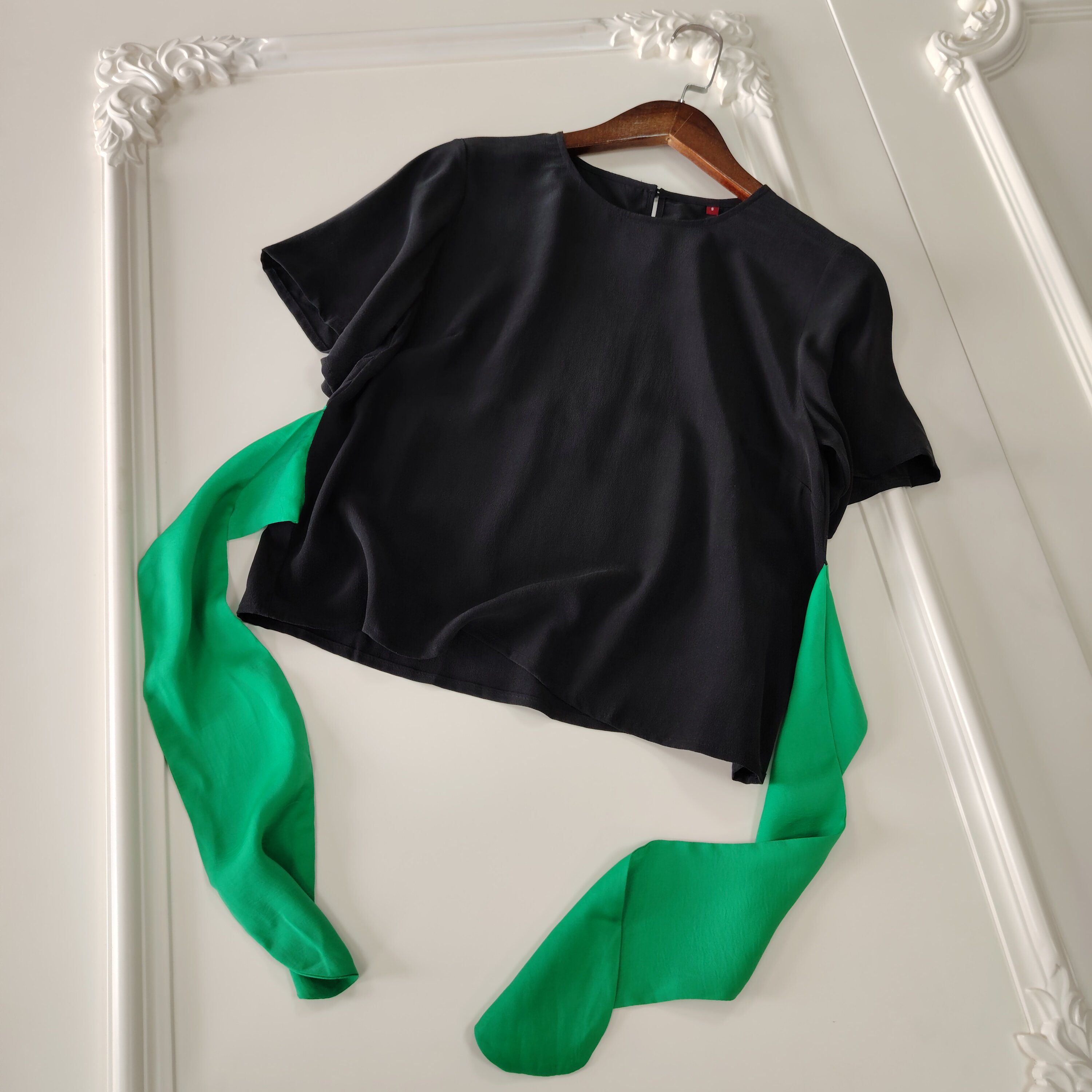 21姆米真丝砂洗双绉桑蚕丝套头短款后系带短袖纯色撞色衬衫上衣夏