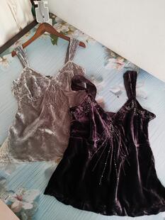 外单真丝丝绒纯色百搭宽肩带手工璀璨钉珠吊带打底斜裁礼服背心