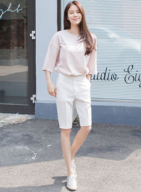 白色五分裤女宽松直筒中性百慕大短裤2021夏季休闲裤薄款西装中裤