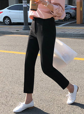 黑色西装裤女春夏中高腰修身显瘦小脚萝卜裤宽松直筒哈伦烟管裤子