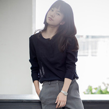 女长袖 藏青T恤上衣 圆领宽松衬衣休闲显瘦薄款 新款 2018夏季 衬衫