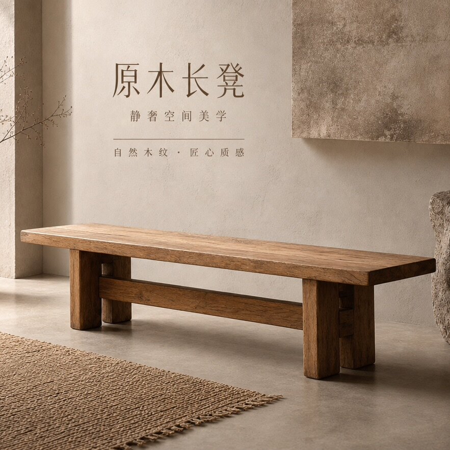 原木实木床尾长凳简约静奢木纹图片