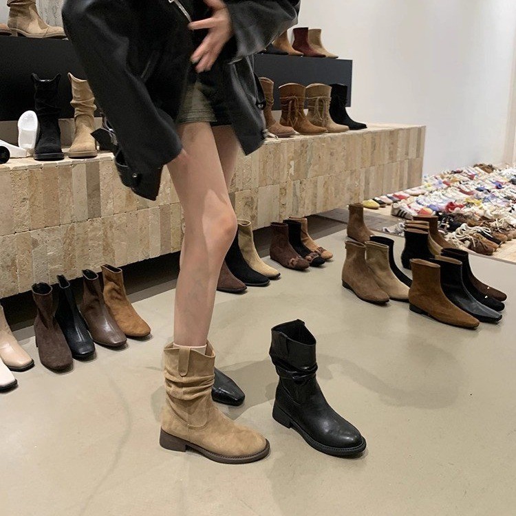 西部风褶皱堆堆靴女2026秋季中筒靴显瘦麂皮配裙子辣妹潮酷短靴子