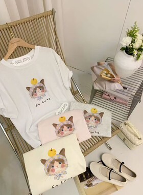 T恤短袖韩代雪花棉女珍珠猫苹果卡通重工韩系宽松白t夏学院少女