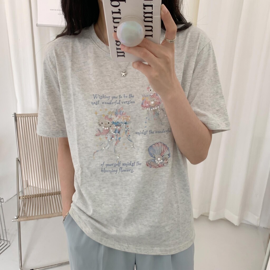T恤短袖韩代棉女珍珠钉珠亮片kt猫卡通重工韩系宽松珍珠贝壳宽松