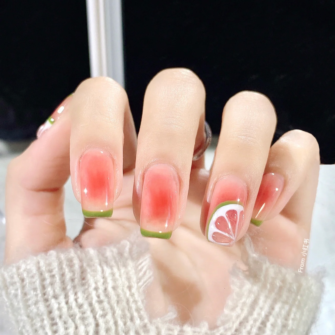 定制穿戴美甲夏日手绘青柠腮红显白孕妇方形甲婚纱照假指甲贴成品